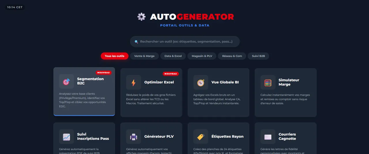 Tableau de bord du portail métier AutoGenerator